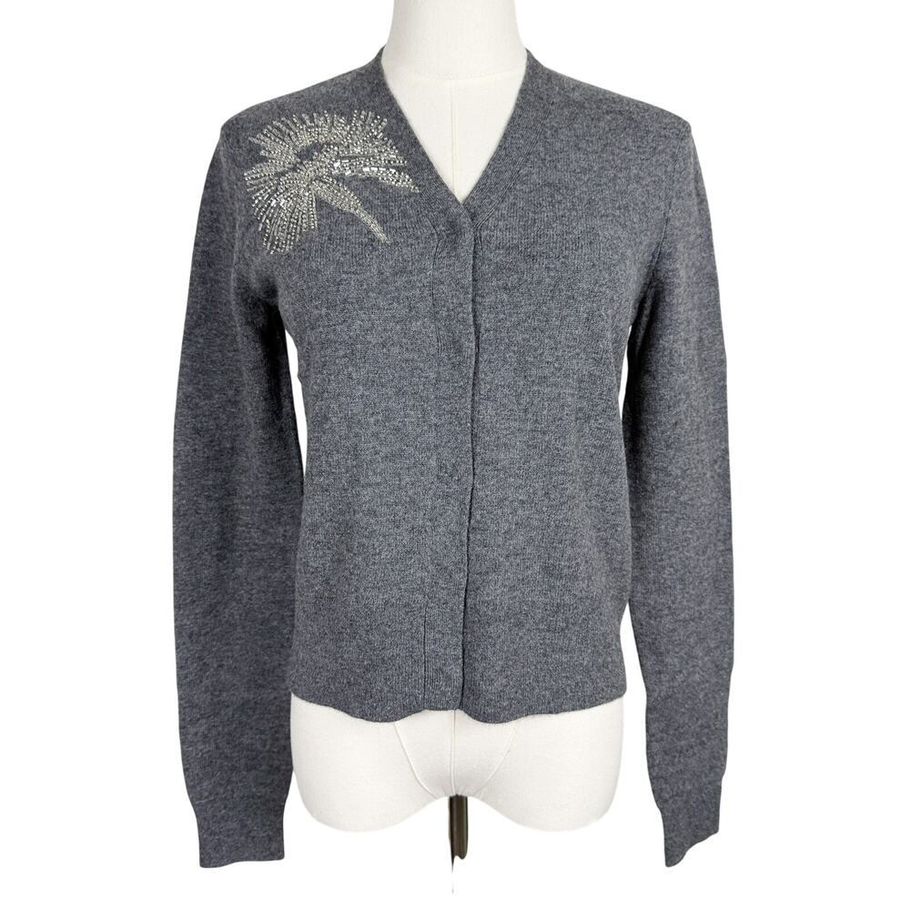Tory Burch Merino Wool Cardigan Beaded Palm Tree Gray Sweater - XS
